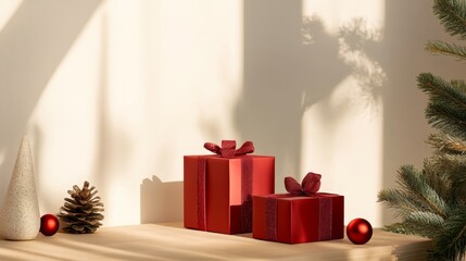 Holiday mockup with festive gift boxes, wrapped in minimalist style, set against a neutral background, offering a modern, chic aesthetic for Christmas product promotions