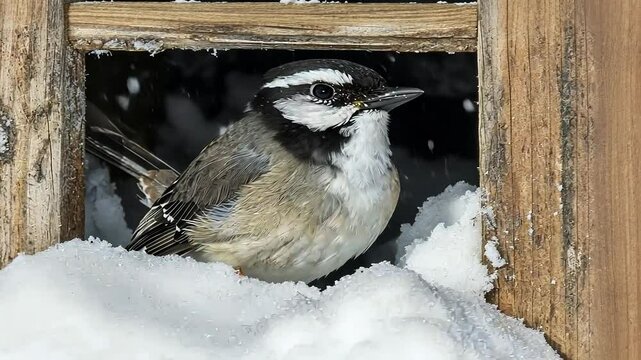 Wintry mountain chickadee perched in snowy wooden frame