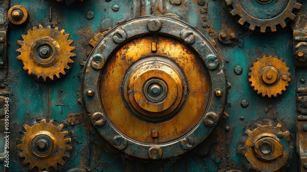 Poster a close-up of a rusty mechanical door with gears and a central lock.
