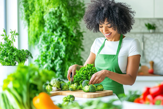 Woman preparing fresh vegetables in a modern kitchen filled with greenery and natural light