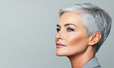 Obraz premium Stylish portrait of a mature woman with short silver hair in professional attire showcasing confidence and grace