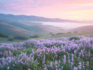 Obraz premium Purple wildflowers bloom in a field with a misty mountain backdrop.