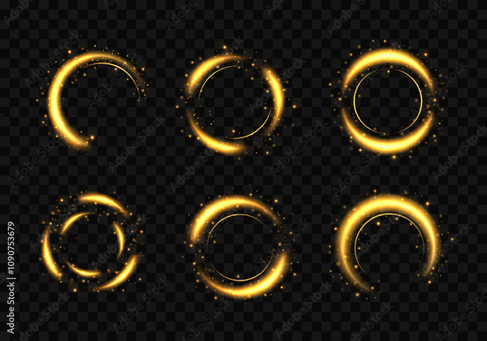 Wall mural set of golden shining circles with sparkles. magic golden twirl. curve light effect of golden line. 