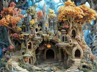 Fototapeta premium Enchanting fantasy village nestled among colorful trees, showcasing whimsical architecture and mystical atmosphere.
