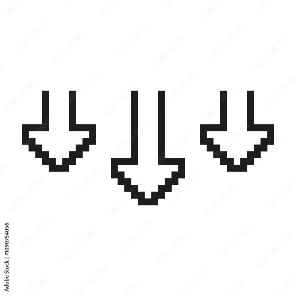Poster pixel art three down arrows icon. set of three pixelated downward pointing arrows. isolated vector i