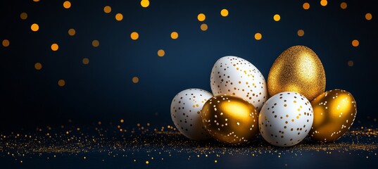 Shining Easter Elegant Decor of Gold, White Glittering Eggs on Classic Blue. Festive Composition.