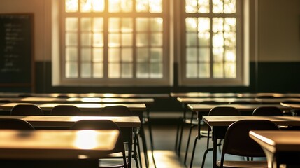 Empty school cafeteria tables during off-peak hours, a serene moment of reflection on the passage of time and the transient nature of youth.