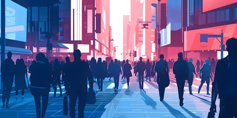 Obraz premium Urban scene depicting a busy street with silhouettes of people against a colorful backdrop.