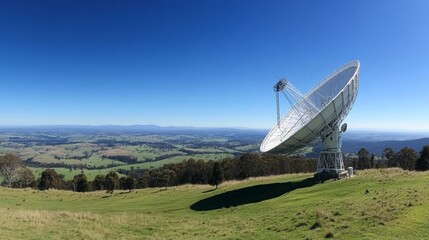 Earth receiving station in a remote desert location, where satellite signals are decoded and transmitted to control centers. The scene symbolizes global connectivity and the seamless flow of info.
