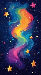 Fototapeta premium Colorful rainbow space. Colorful hand drawn illustration. Rainbow space background with stars, nebula, Milky Way, cartoonish flat book image for kids, card, wallpaper, for print at kids room. Vertical
