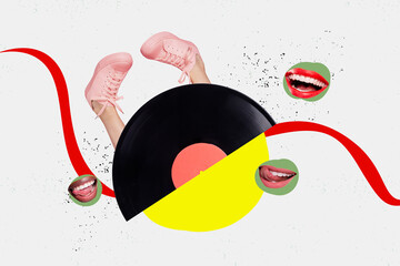 Composite photo collage of anonym girl legs wear sneakers retro vinyl disk celebration mouth tongue...