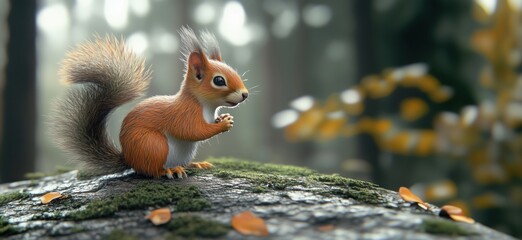 Obraz premium Squirrel in forest, vibrant orange fur, perched on mossy log, surrounded by blurred foliage, autumn leaves, natural habitat, detailed fur texture