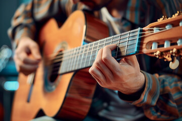 Fototapeta premium Generative AI Image of a Guitarist Performing with Acoustic Guitar