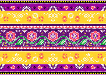  Diwali vector seamless long horizontal pattern with flowers inspired by Pakistani or Indian truck art. Non AI generated