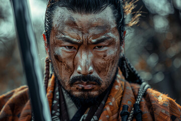 Obraz premium Portrait of a fierce samurai warrior in traditional armor, demonstrating strength ai generative image