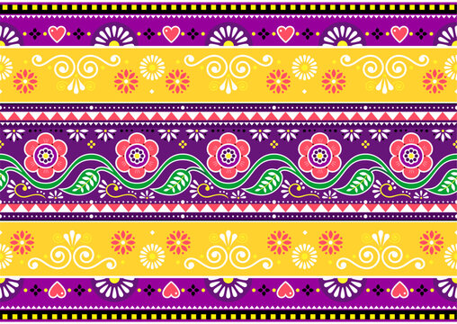 	
Diwali vector seamless long horizontal pattern with flowers inspired by Pakistani or Indian truck art. Non AI generated