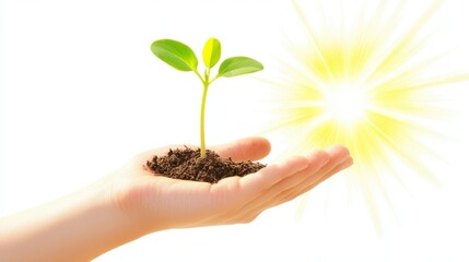 A hand holds a young plant shoot, representing the concept of nature and the environment, with ample space for text or design.