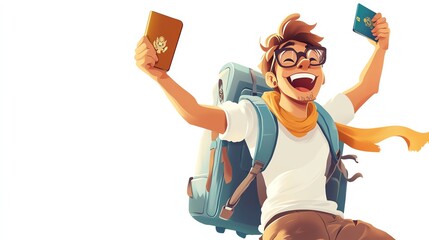 a 2D cartoon illustration of a traveler getting ready for a flight with a passport, prepared and excited, white background--ar 16:9