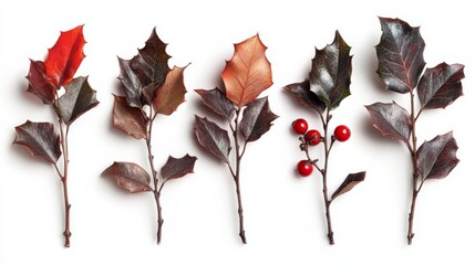 Naklejka premium A set of five holly leaves and berries isolated on a white background, hawthorn leaves and red winter berries, Christmas decorations
