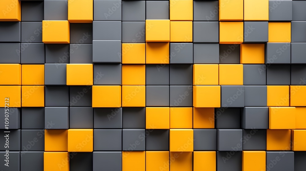 Poster abstract arrangement of geometric cubes in yellow and gray colors, creating a visually striking and 