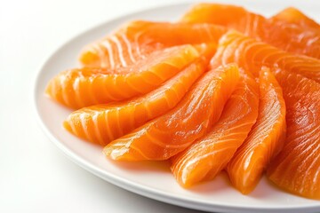 Sliced smoked salmon on white plate, close-up