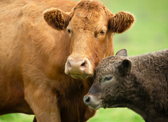 Limousin cow facing front with her young  brown calf snuggling up to his mother  in a summer...