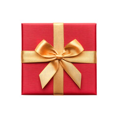Red gift box with gold ribbon and bow on transparent background. Top view. Flat ley. 