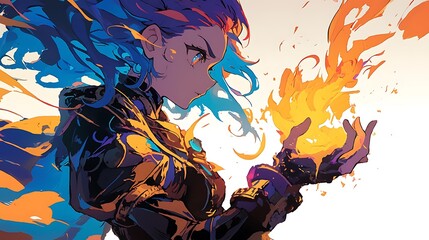 A woman controls fire in her hands. There is a white background, colorful anime style