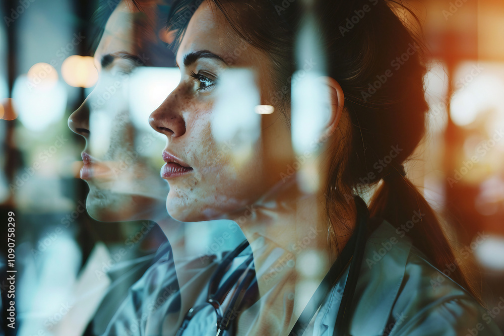 Poster a double exposure image of a hospital worker in laboratory generative ai
