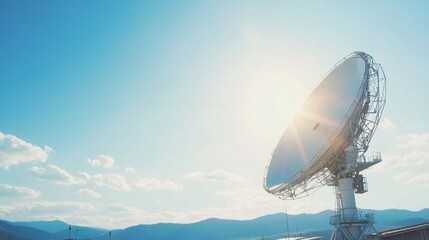 Earth receiving station in a remote desert location, where satellite signals are decoded and transmitted to control centers. The scene symbolizes global connectivity and the seamless flow of info.
