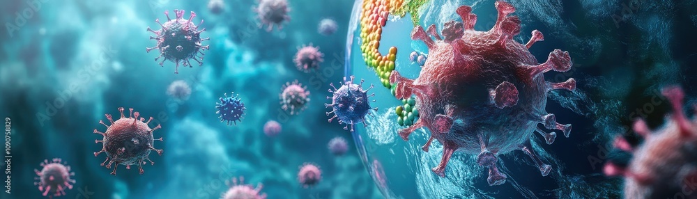 Wall mural digital illustration of viruses and dna strands in a microscopic view of a cellular environment