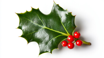 Holly Leaf with Red Berries on White Background