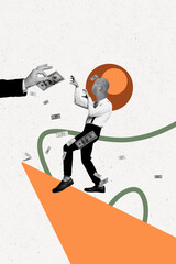 Vertical photo collage of anonym businessman instead head sculpture walk zombie hand offer cash...