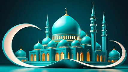 Mosque object with realistic 3D object cartoon style, using flowing lines and shapes that evoke the structure's beauty.