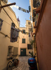 The narrow streets of the Old Town of Kerkyra on the island of Corfu in Greece