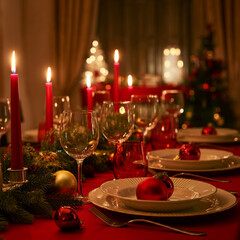 Arranged dinner table with christmas decorations family gathering thanksgiving 