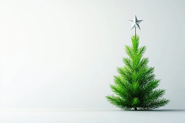Obraz premium Small green Christmas tree with a silver star on top placed on a plain background before the holiday season