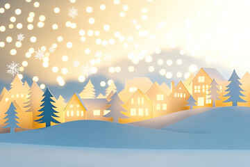 Fototapeta premium Cozy winter village in soft light with paper cutout houses and falling snowflakes