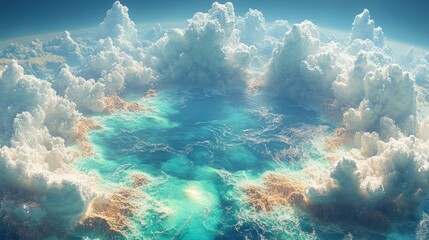 Fototapeta premium Aerial view of vibrant ocean surrounded by fluffy clouds.