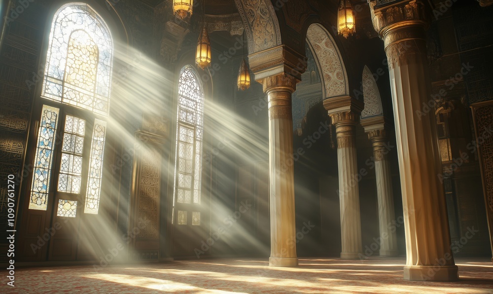 Poster sunlight streaming through ornate windows in grand hall, illuminating intricate architecture and col