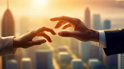 Two hands nearly touch in a gesture that signifies connection and partnership, modern city sunrise background. Before a handshake, new beginnings and collaborative ventures in urban business world.