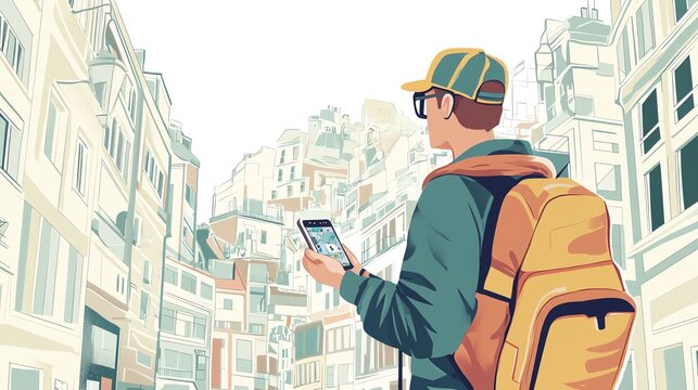 a 2D cartoon illustration of a tourist navigating a city with a GPS app, modern and fun, white background--ar 16:9