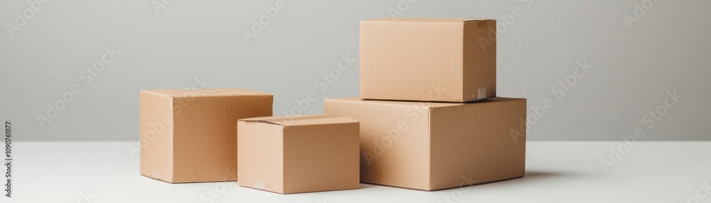 Poster a set of various-sized cardboard boxes stacked on a light surface, showcasing a simple, minimalistic