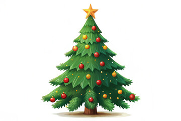 Fototapeta premium Christmas-tree decoration with colorful balls and star with gold chaplet. Single fir-tree in flat style isolated on white. Christmas tree decorations with colorful balls and stars and gold chaplets. 