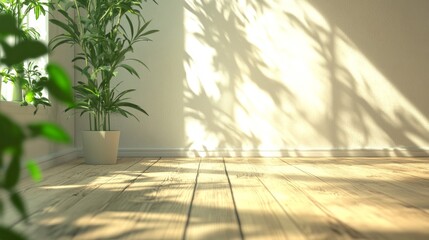 Fototapeta premium A room with a large plant in a white pot and a wooden floor