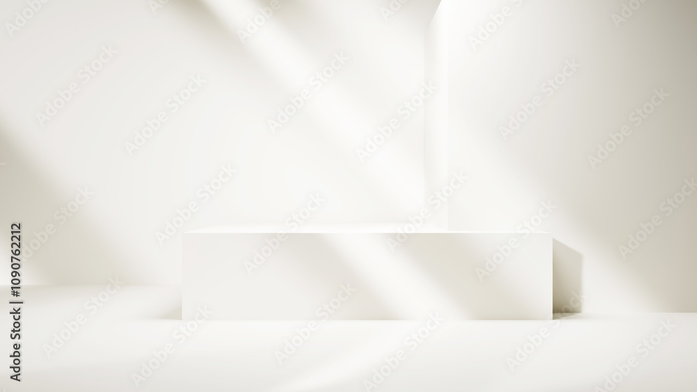 Poster Luxury empty room with podium table stage and light beams with shadows. White copy space room table bright background abstract