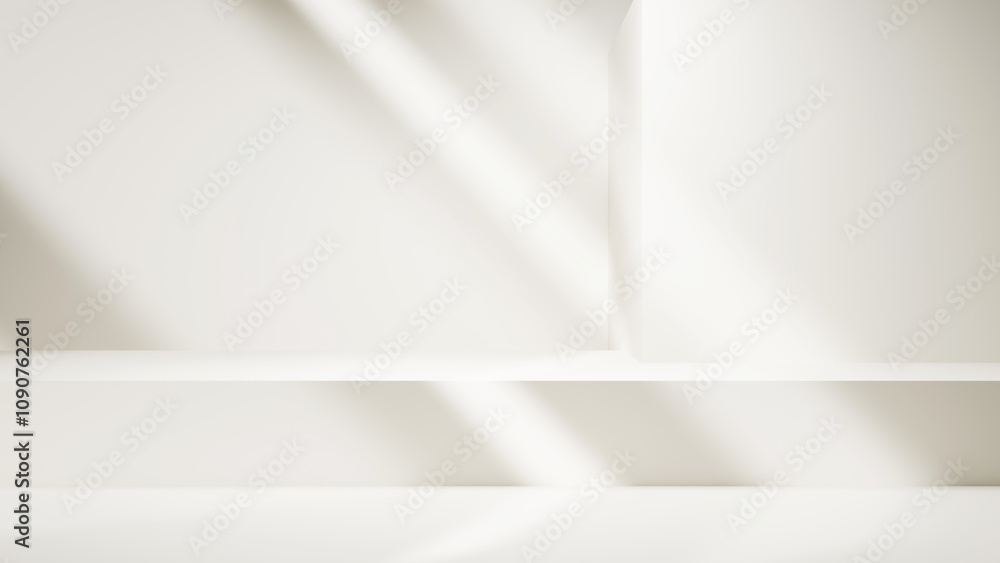 Poster luxury empty room with podium table stage and light beams with shadows