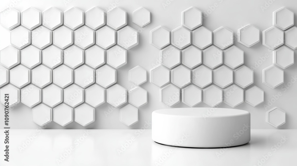 Poster a white cube with a white base and a white top is placed in front of a wall covered in white hexagon