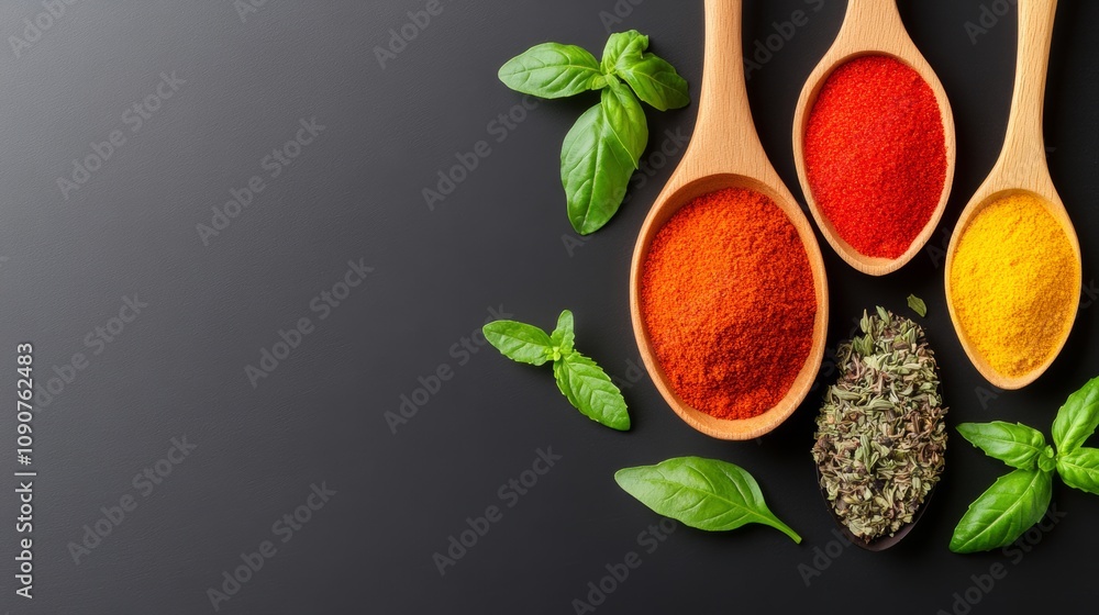 Poster a black background with three wooden spoons and three different colored spices on it. the spices are