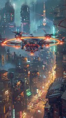 A futuristic drone flies over a cyberpunk city with glowing neon lights.